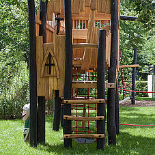 Playground equipment in the garden of the Minihaus München crèche and nursery school at Fürstenrieder Strasse 263