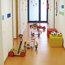 Play equipment in the hallway of the Minihaus München crèche and nursery school at Fürstenrieder Strasse 263, Sendling